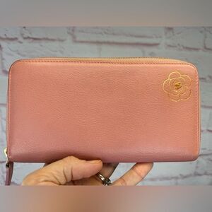 Chanel Pink Camelia Zippy Leather Long Wallet